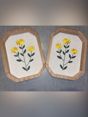 Set of 2 Yellow Floral Wood-Trim Wall Plaques
